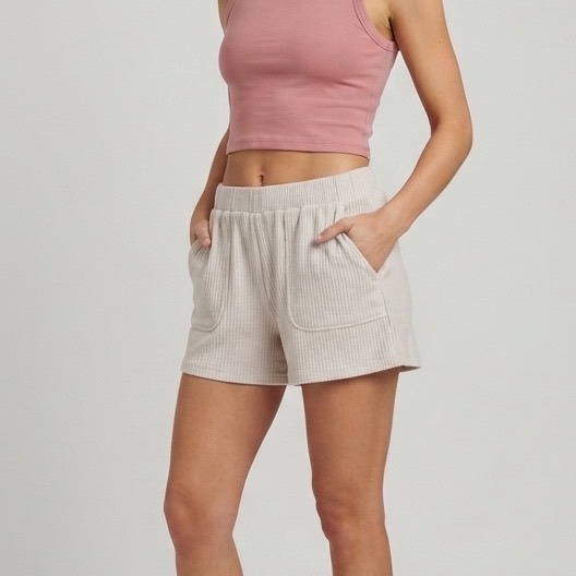 Allfenix Ribbed Knit Lounge Shorts Oatmeal Cream Beige Elastic Waist Pockets L